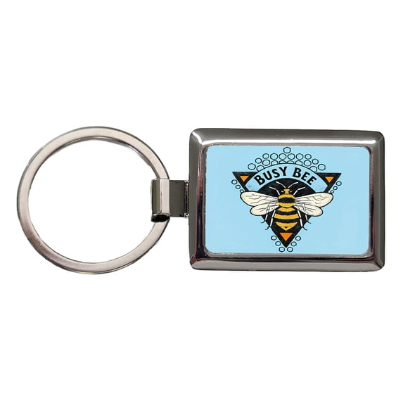 Busy Bee Blue Metal Rectangle Keychain