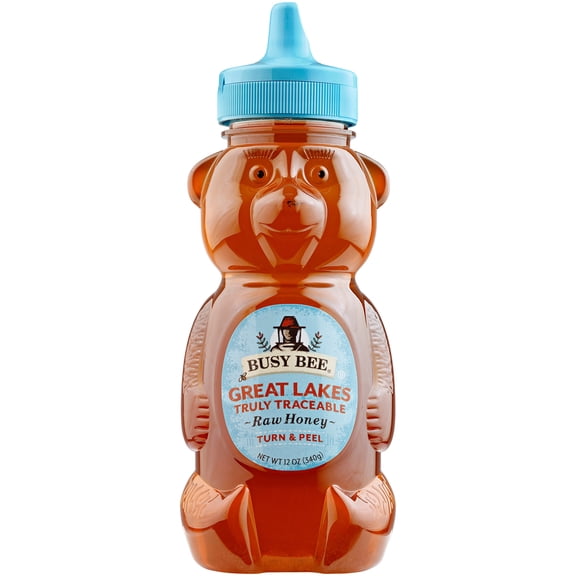 Busy Bee Raw Honey, 100% Traceable Great Lakes Honey, 12 oz, Plastic Squeeze Bear
