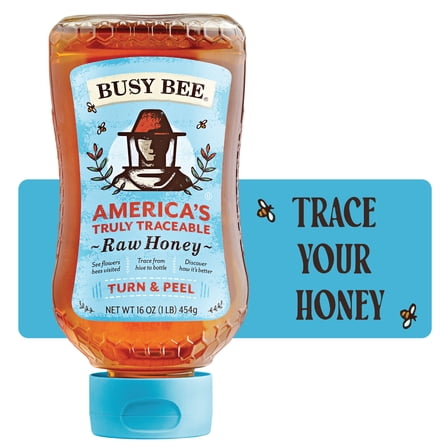 Busy Bee Raw USA Honey, 100% Traceable, 16 oz Squeeze Bottle, Peel The Back Label to Trace, No Allergens