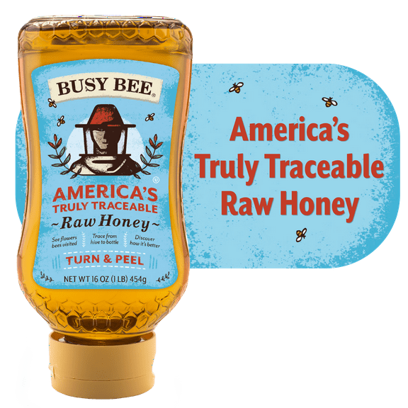Busy Bee Raw USA Honey, 100% Traceable, 16 oz Squeeze Bottle, Peel The Back Label to Trace, No Allergens