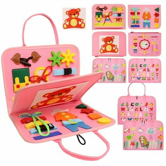 Busy Board Montessori Toys for 1 2 3 4 Year Old,Busy Book for Toddlers 1-3 Boys Girls Birthday Gifts,Sensory Educational Activities Travel Toys for Learning Fine Motor Skills,Pink-3 Pages