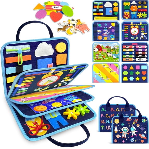 Busy Board Montessori Toys for Toddlers, Busy Book Sensory Toys for Boys Girls Birthday Gifts, Learning Educational Travel Activities, Blue