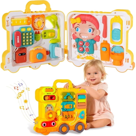 Busy Board Activity Bus for Toddlers, Montessori Sensory Learning Toy with Musical Features, Fine Motor Skills, Locks, Switches & Educational Activities, Preschool Travel Toy for Boys & Girls  6m+