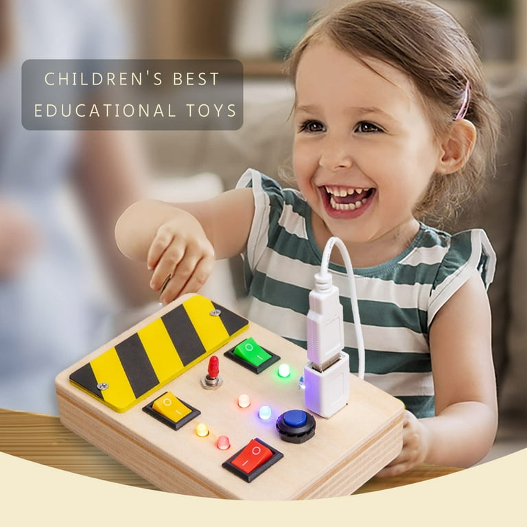 Busy Board for Toddlers Wooden Sensory Toys for Toddlers with Light Up LED Buttons Pluggable Wires Baby Gifts Boys Girls Educational Learning