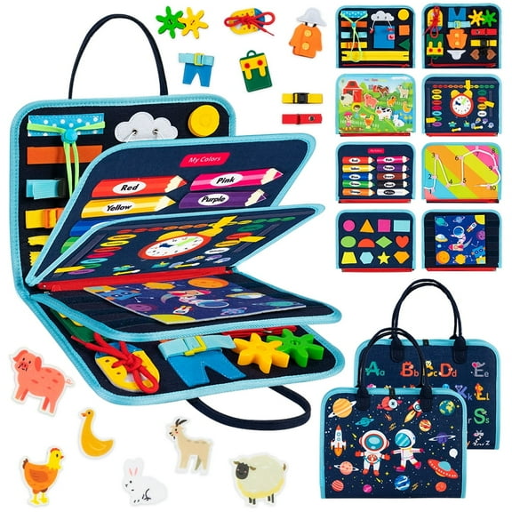 Cowin Busy Board Montessori Toys for Toddler Boy Birthday Gifts, Busy Book Learning Toys for Toddlers 1-4, Educational Learning Toy for Airplane Car Travel, Blue