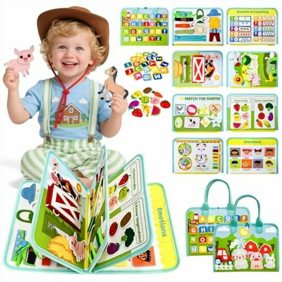 Busy Book for Toddlers 1-3 - Farm Montessori Toys Busy Board for 1 Year Old Boy Girl Gifts Educational Learning Activity Book Toddler Airplane Travel Toy 1+ Years Old Birthday Gift