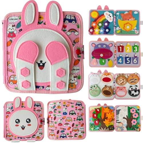 Busy Book for Toddlers 1-3,Felt Quiet Activity Books for Toddler 1 Year Old,Preschool Learning Develop Fine Motor Skills Montessori Toys Airplane Travel Toys Boys Girls Gifts (Bunny)