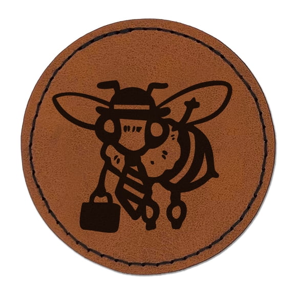 Busy Business Bee Bumblebee Briefcase Round Iron-On Engraved Faux Leather Patch Applique - 2.5 Inch - Brown