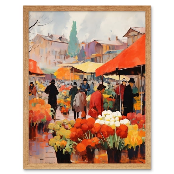 Busy Flower Market Warm Amber Orange Yellow Oil Painting Art Print Framed Poster Wall Decor 12x16 inch