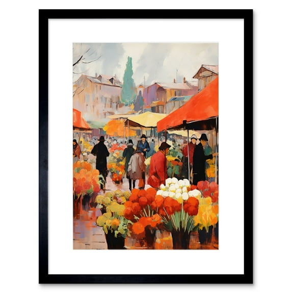 Busy Flower Market Warm Amber Orange Yellow Oil Painting Artwork Framed Wall Art Print 9X7 Inch