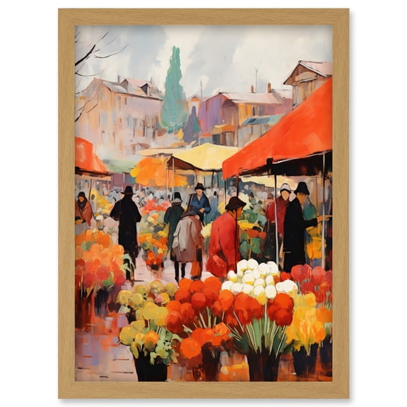 Busy Flower Market Warm Amber Orange Yellow Oil Painting Artwork Framed Wall Art Print A4