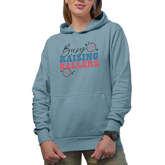 Busy Raising Ballers, Baseball Art Merch Gift, Light Blue Hooded Sweatshirt or Hoodie, Small
