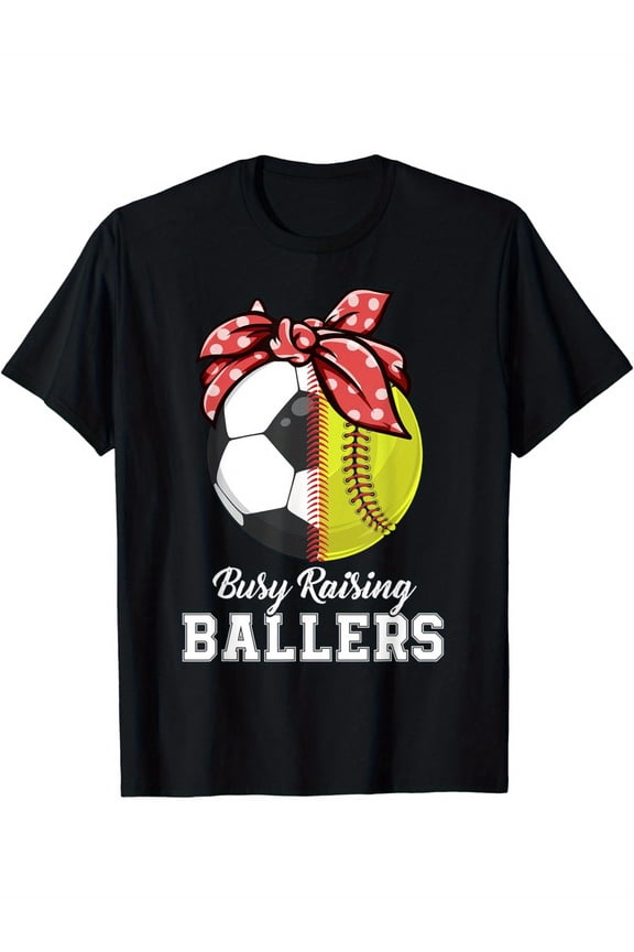Busy Raising Ballers" Funny Soccer & Softball Mom Graphic T-Shirt - 100% Cotton, Crew Neck, Short Sleeve, Black with White & Red Print, Casual & Sporty Design for Moms, Mom Themed Clothing |