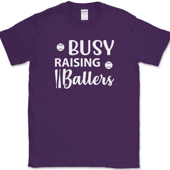 Busy Raising Ballers T-Shirt Funny Sports Mom Mothers Day Baseball Text Tee - Purple, L