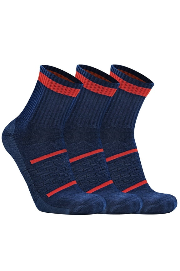 3 Pack Mens Ladies Merino Wool Blend Hiking Half Cushion Elastic Socks For Outdoor , Navy, Large