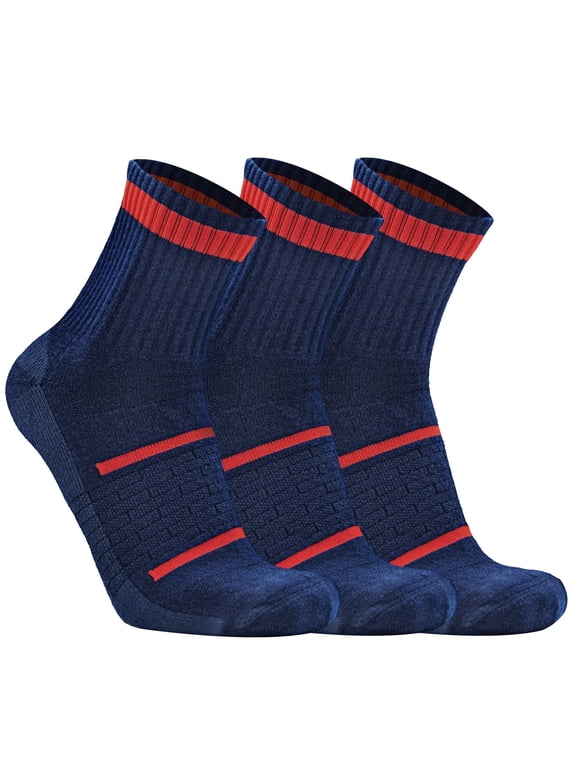 3 Pack Women's Men's Quarter Thick Padded Cushioned Wool Hiking Athletic Socks for Hiker Trail Running, Navy, Medium