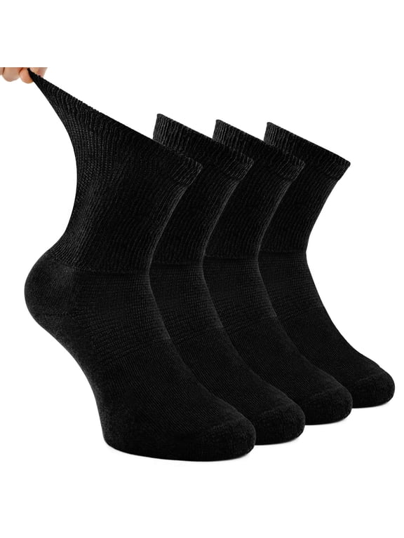 Crew Socks for Men Women Loose Top Non Binding, Large, 4 Pack, Black