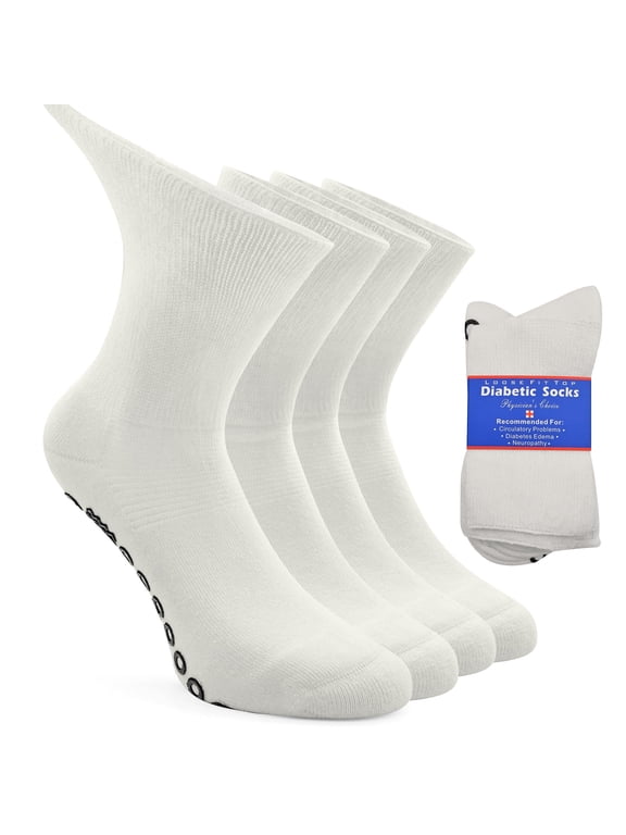 Men's Women's Wide Top Non Skid Diabetic Socks for Home Floor,Large,4 Pack,White