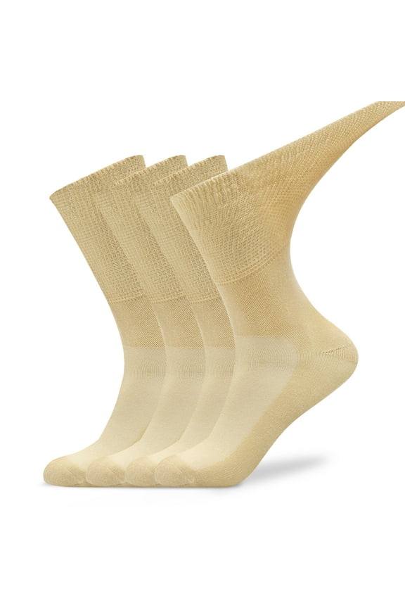 Super Soft Wide Top Cotton Socks for Diabetic,Medium,4 Pack,Beige