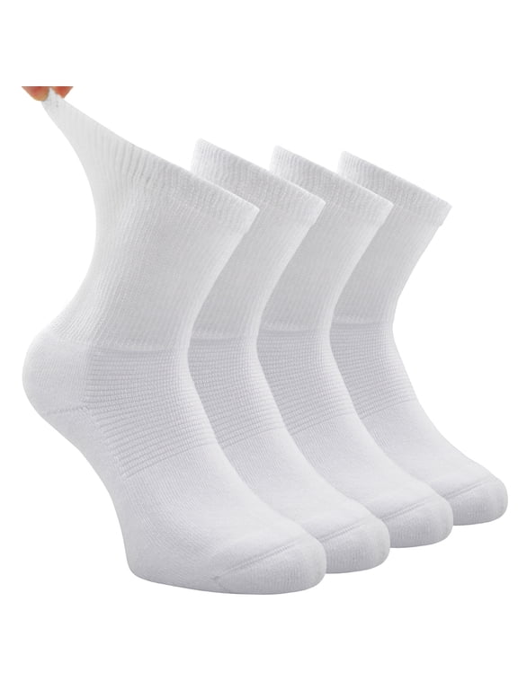Ultra Soft Non Restrictive Cotton Men Women Diabetic Crew Socks,Large,4 Pack,White