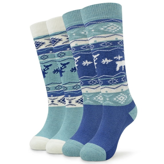 Busy Socks Unisex Kids Comfy Super Warm Tall Wool Socks for Skiing,Light Blue+Dark Blue,2 Pack,Small