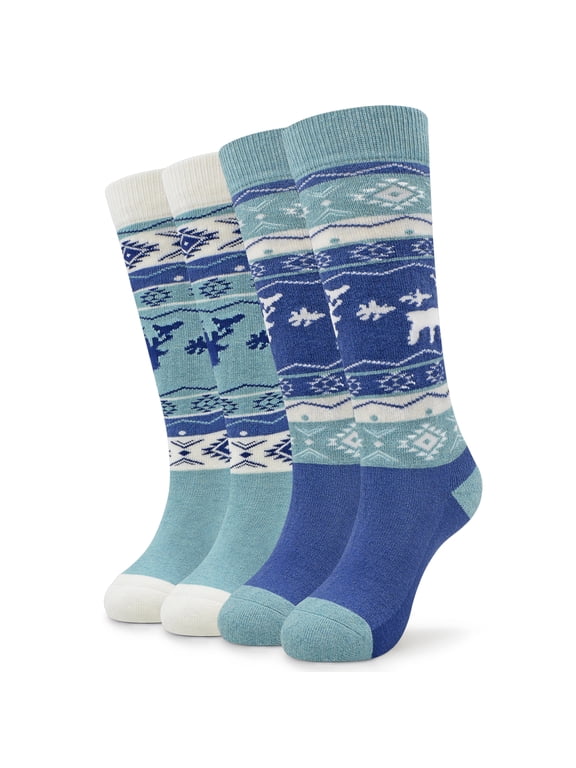 Unisex Kids Comfy Super Warm Tall Wool Socks for Skiing,Light Blue+Dark Blue,2 Pack,Small