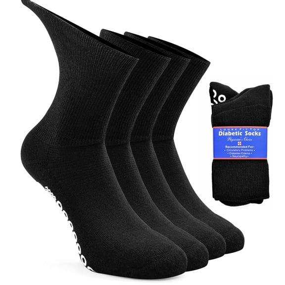 Busy Socks Unisex Seniors Grip Loose Top Cushioned Hospital Socks,Medium,4 Pack,Black