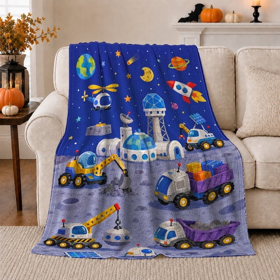 Busy Space Construction Scene Moon Base Cosmic Cartoon, Playful Celestial Art Scene, Warm Flannel Blanket for Living Room and Bedroom, Celestial Art Lovers Housewarming Gift, Celestial Home Decor