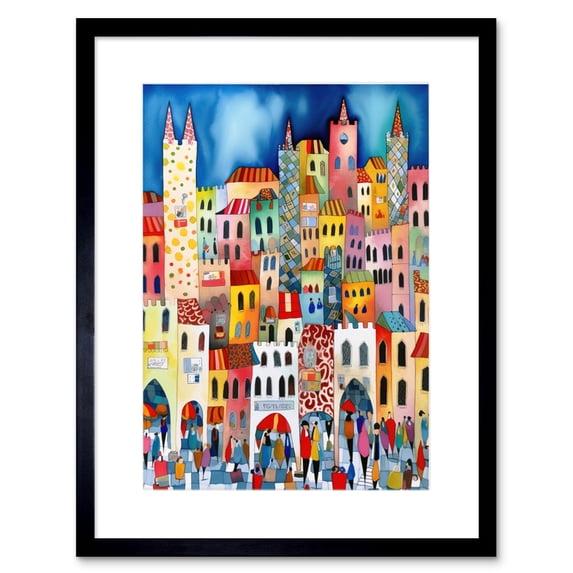 Busy Street Vertical Cityscape Folk Art Watercolour Painting Artwork Framed Print Wall Art 9X7 Inch