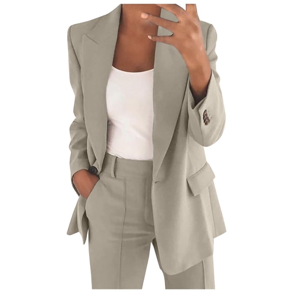 Busydd 2 Piece Outfits for Women Dressy Casual Solid Color Open Front Button Blazer Jackets High Waisted Straight Leg Pants Suits Plus Size Business Work Office Suit Sets S-5XL