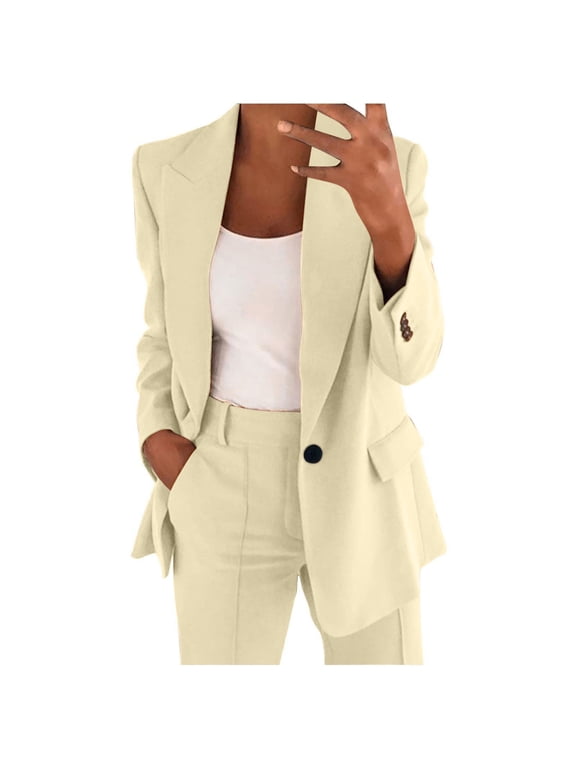 2 Piece Outfits for Women Dressy Casual Solid Color Open Front Button Blazer Jackets High Waisted Straight Leg Pants Suits Plus Size Business Work Office Suit Sets S-5XL