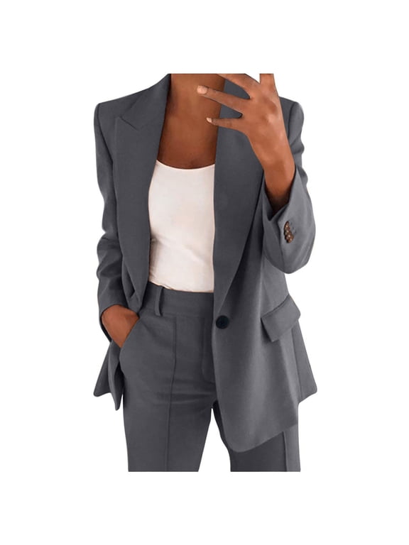2 Piece Outfits for Women Dressy Casual Solid Color Open Front Button Blazer Jackets High Waisted Straight Leg Pants Suits Plus Size Business Work Office Suit Sets S-5XL