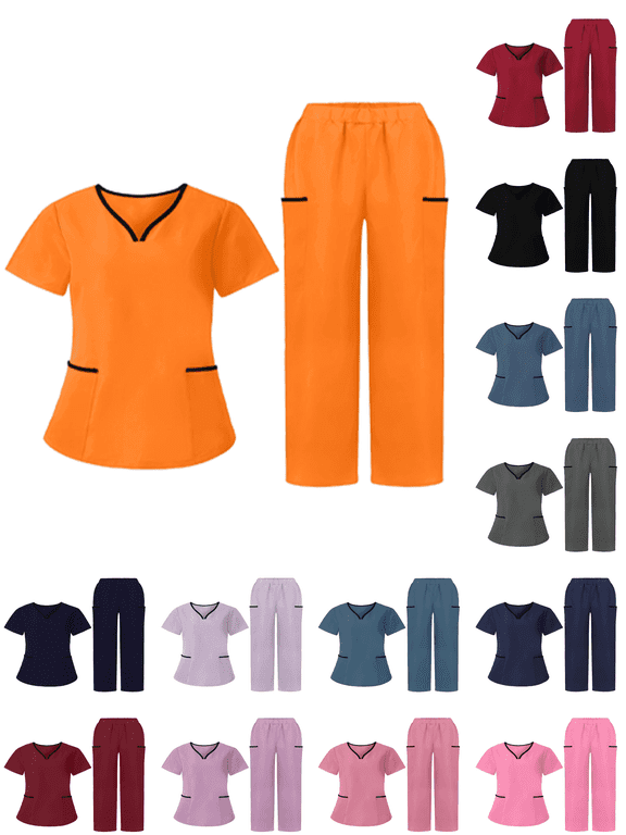 2 Piece Scrubs for Women Set V Neck Top with Contrast Black Trim and Straight Pants Uniform Scrub Set S
