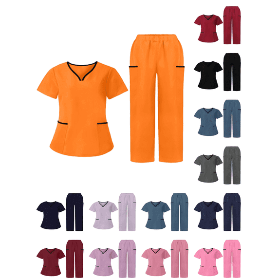 Busydd 2 Piece Scrubs for Women Set V Neck Top with Contrast Black Trim and Straight Pants Uniform Scrub Set XL