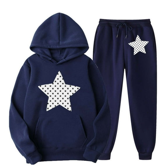 Busydd 2 Piece Sets for Women Fall Fashion Loose Star Print Sweatsuits Casual Hoodies and Elastic Waist Sweatpants with Pockets Vacation Outfits for Women