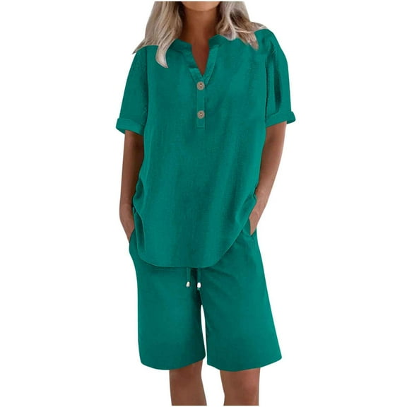 Busydd 2 Piece Sets for Women Summer Casual Loose Oversized Solid Color Womens Loungewear Set V Neck Short Sleeve Shirts and Shorts Travel Outfits for Women Plus Size 3XL