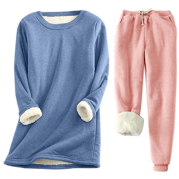 Busydd 2 Piece Sets for Women Warm Fleece Pajama Sets for Women 2 Piece Crew Neck Sweatshirt Baggy Pajama Pants Loungewear Casual Oversized Winter Outfits Plus Size S-5XL