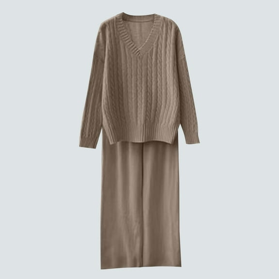 Busydd 2 Piece Sets for Women Trendy V Neck Long Sleeve Knit Sweaters and Pants Sets Comfortable Solid Color Lounge Sets for Women