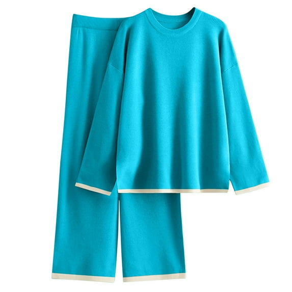 Busydd 2 Piece Sweat Suits for Women Fall Long Sleeve Crewneck Sweater Wide Leg Pants Loungewear Sets Fashion Solid Color Knit Tracksuits Casual Comfort Loungewear Vacation Outfits