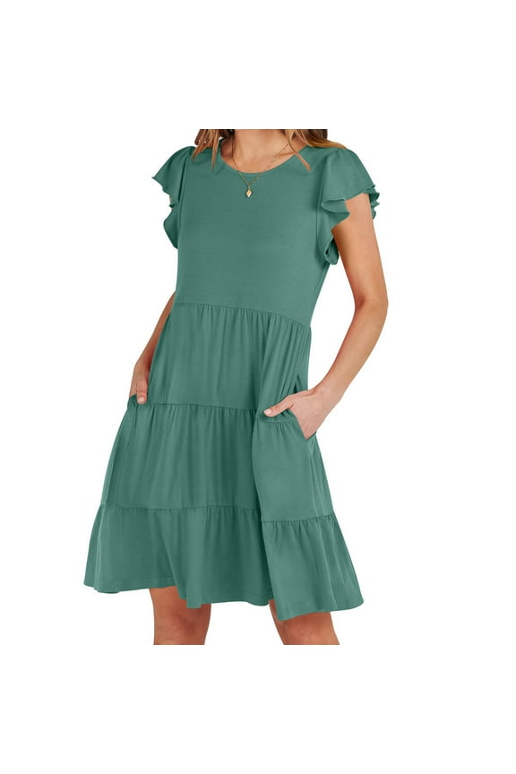 2024 Womens Summer Mini Dress Crewneck Flutter Short Sleeve Casual Dresses Tiered Pleated Flowy Sun Dress Solid Color Dresses with Pockets