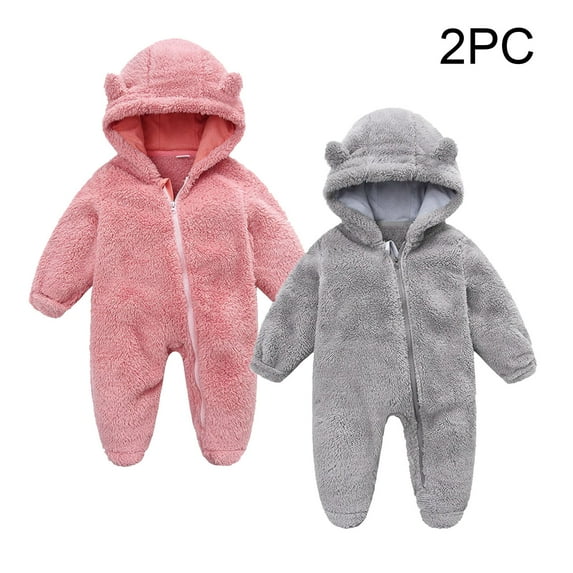 Busydd 2PC Baby Girl Clothes Solid Color Unisex Baby Boy Clothes 0-12 Months Warm Winter Fleece Baby Girl Romper Infant Newborn Long Sleeve Fuzzy Rompers Hooded Zip Up Onesie