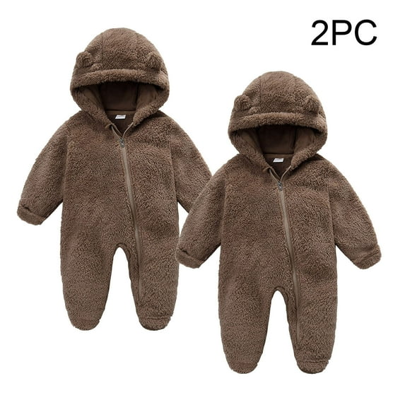 Busydd 2PC Baby Girl Clothes Solid Color Unisex Baby Boy Clothes 0-12 Months Warm Winter Fleece Baby Girl Romper Infant Newborn Long Sleeve Fuzzy Rompers Hooded Zip Up Onesie