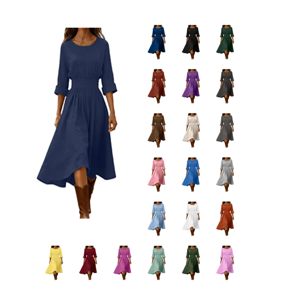 Busydd 3/4 Sleeve Fall Dresses for Women Fashion Round Neck Cotton Linen Dress Casual Flowy Solid Color Midi Dress 2XL