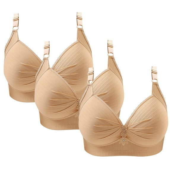 Busydd 3 Piece Womens Bras Adjustable Straps Wireless Bra Full Figure V Neck Underwear Solid Color Comfort Push Up Bralette Plus Size Bras for Women Pleated Ribbed Everyday Bras No Underwire