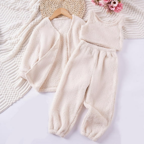 Busydd 3PC Girls Clothes 1-7 Years Warm Fuzzy Long Sleeve Cardigan Sleeveless Vest Elastic Waist Pants Boys Outfits Unisex Baby Toddler Boys Girls Clothes