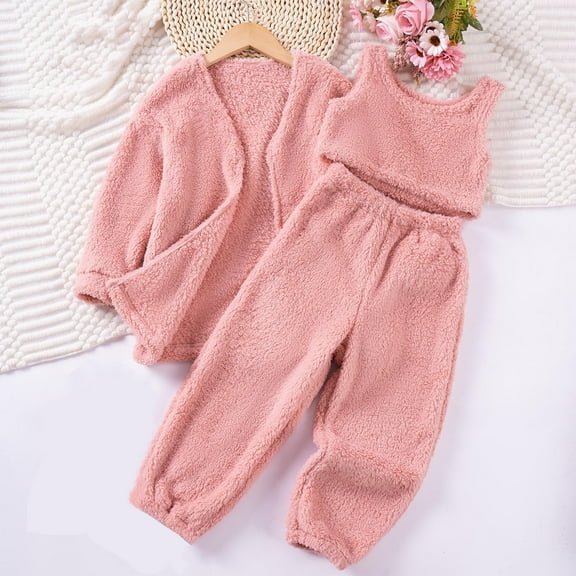 Busydd 3PC Girls Clothes 1-7 Years Warm Fuzzy Long Sleeve Cardigan Sleeveless Vest Elastic Waist Pants Boys Outfits Unisex Baby Toddler Boys Girls Clothes