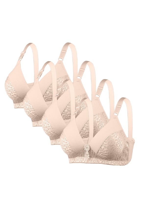 4PC Women Bras Solid Color Lace Everyday Wireless Bras Comfortable Plus Size Bras Breathable Supportive Push Up Bras M