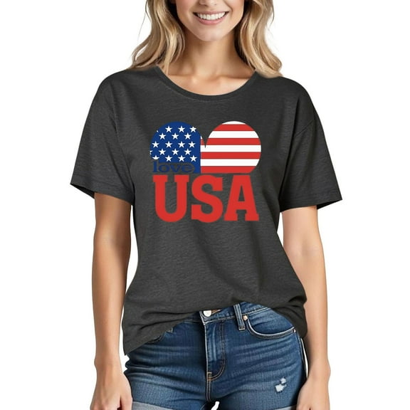 Busydd 4th of July T Shirts for Women USA Stars and Stripes Independence Day Tops Casual Round Neck Short Sleeve Womens Tops Comfy Cotton Summer Tops M