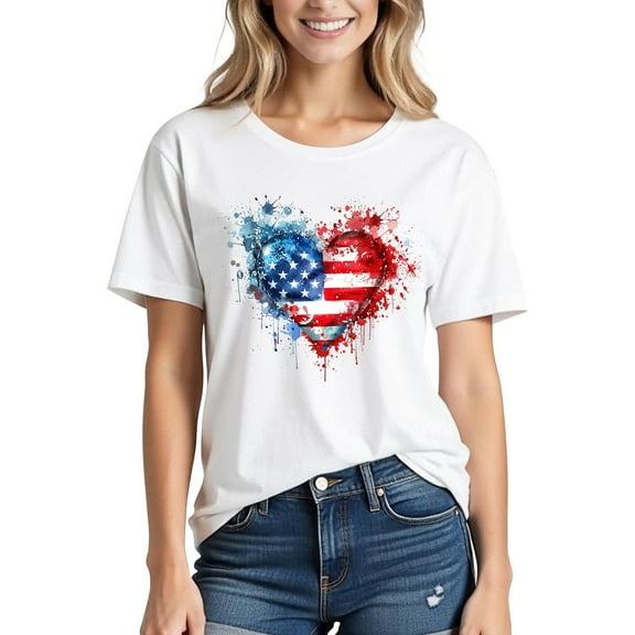 Busydd 4th of July T Shirts for Women USA Stars and Stripes Independence Day Tops Casual Round Neck Short Sleeve Womens Tops Comfy Cotton Summer Tops XL