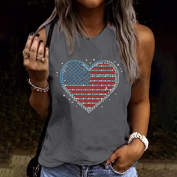 Busydd 4th of July Tank Top for Women Trendy Casual Sleeveless Round Neck Summer Tops American Flag Print Independence Day T-Shirt Patriotic Camisole Tops for Women